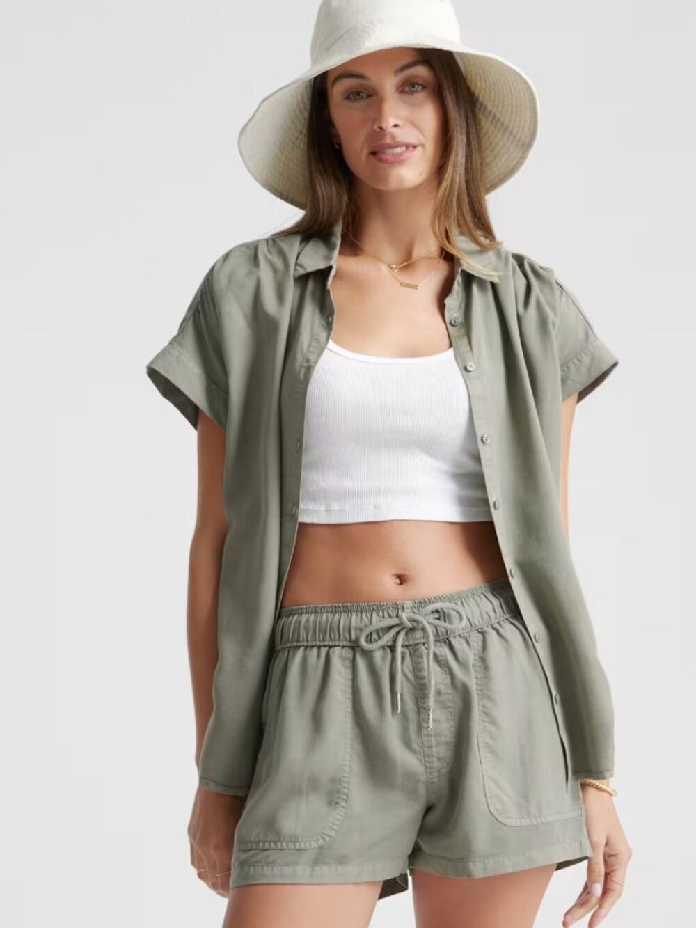 Quince Vintage Wash Tencel Camp Shirt Olive Size S Boho Casual Coastal